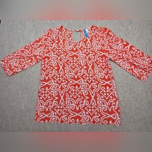 BUTTONS Blouse Size LARGE Womens Orange White 3/4 Sleeves‎